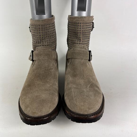 Coach Gates women's size 7.5 grey taupe suede bronze stud ankle moto booties - Picture 4 of 11
